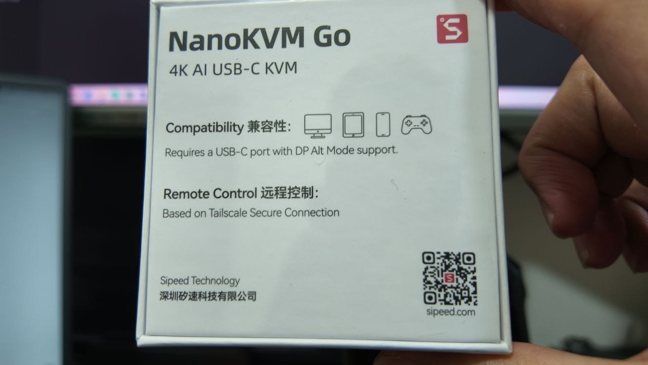 Back of the NanoKVM Go box listing compatibility and Tailscale-based remote control